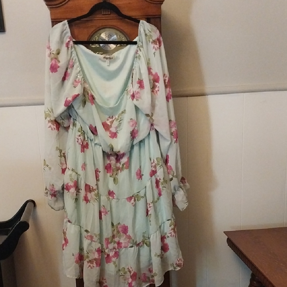 Blue and Pink Cowl Neck Sundress with Bishop Sleeves